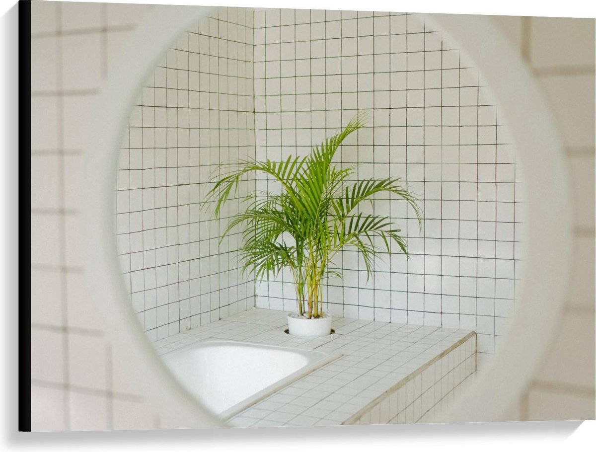 Canvas - Spiegel in Badkamer met Plant - 100x75cm Foto op Canvas Schilderij (Wanddecoratie