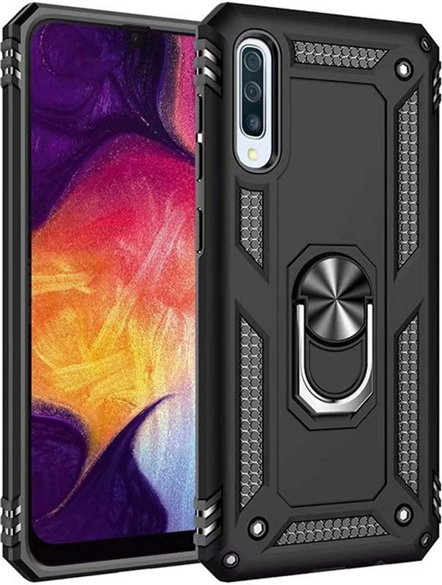 Anti-Shock Hybrid Ring Armor Hoesje Geschikt voor: Samsung Galaxy A50S - zwart