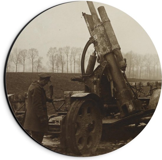 Dibond Wandcirkel - Foto uit de Oorlog met Kanon - 20x20cm Foto op Aluminium Wandcirkel (met ophangsysteem)