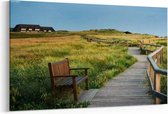Schilderij - Wood walkway through grassy dunes , at North sea , in Germany — 90x60 cm