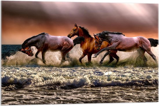 Acrylglas - Stormende Paarden - 90x60cm Foto op Acrylglas (Wanddecoratie op Acrylglas)
