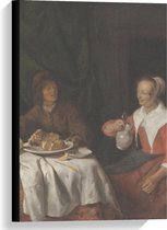 Canvas  - Oude meesters - Man en vrouw aan de maaltijd, Gabriël Metsu - 40x60cm Foto op Canvas Schilderij (Wanddecoratie op Canvas)