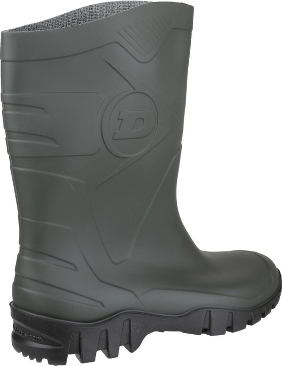 Olijfgroene Dunlop rubberen kuitlaars met reliëf logo en grof profiel.