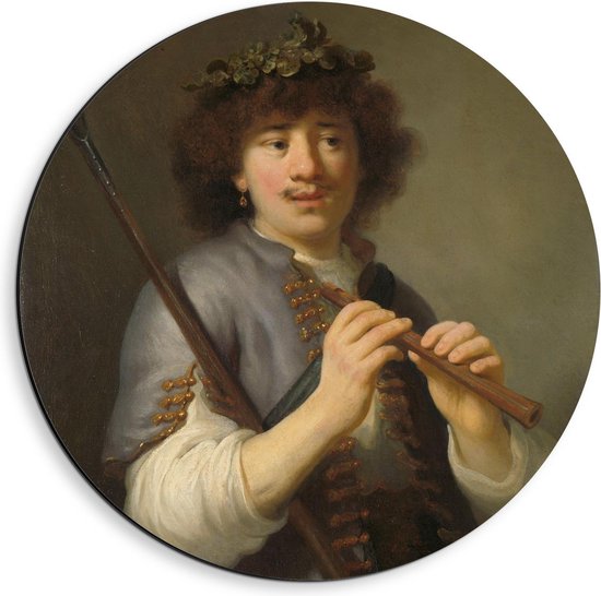 Dibond Wandcirkel - Oude meesters - Rembrandt als herder met staf en fluit, Govert Flinck - 40x40cm Foto op Aluminium Wandcirkel (met ophangsysteem)