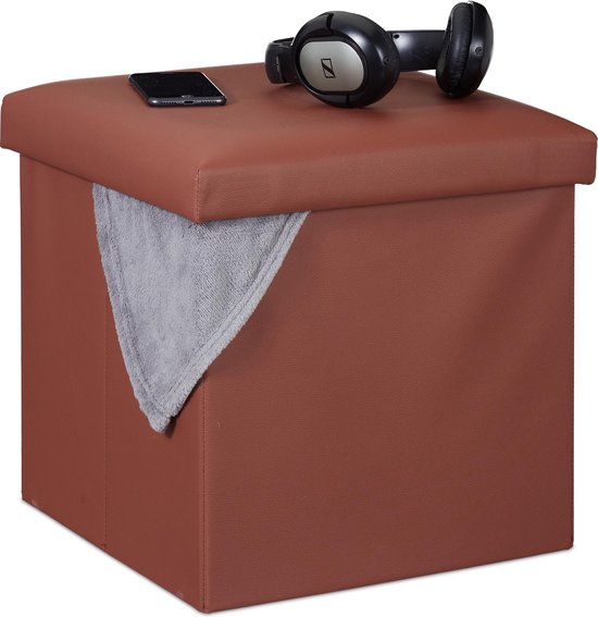 pouf relaxdays avec espace de rangement - boîte de rangement - pouf de rangement - repose-pieds - boîte de rangement - 38x38 brun