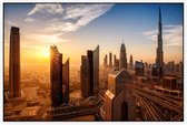 Skyline van Dubai met de Burj Khalifa bij zonsopgang - Foto op Akoestisch paneel - 150 x 100 cm