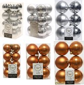 Kerstversiering kunststof kerstballen kleuren mix cognac bruin/zilver 4-6-8 cm pakket van 68x stuks