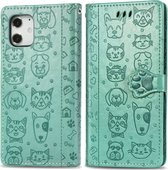 Mobiq Embossed Animal Wallet Hoesje iPhone 12 Mini - Vrolijke hoes met dieren patroon | Book case met sluiting | Vakje voor pasjes pashouder | Apple iPhone 12 Mini 5.4 inch hoes - Zwart | Gro