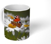 Mok - Dagpauwoog vlinder met madeliefjes - 350 ML - Beker
