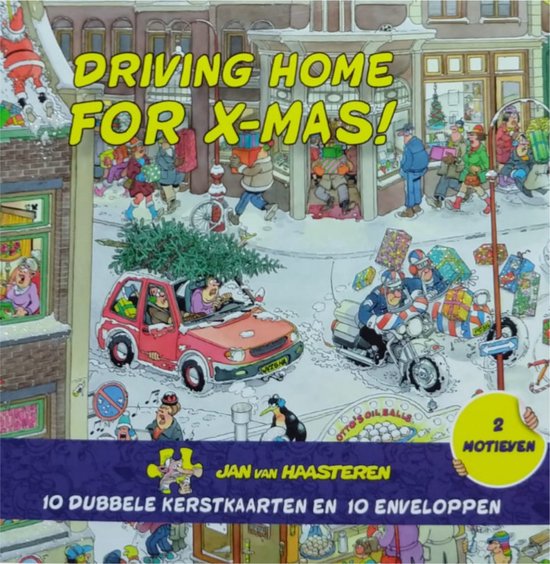 Driving home for X-mas! Een auto met kerstboom, motor en stadstaferelen.