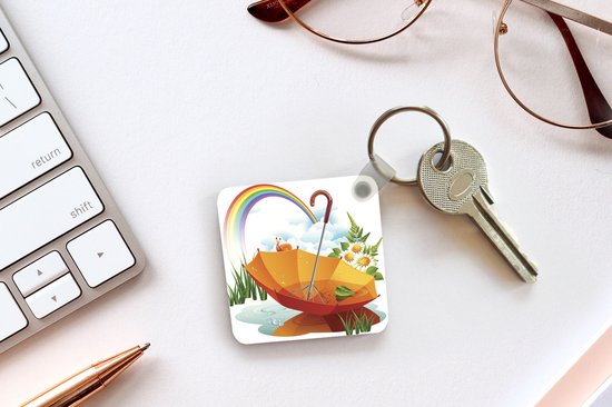 Porte-clés Rainbows illustration - Une illustration d'un parapluie orange sous un porte-clés arc-en-ciel en plastique - porte-clés carré avec photo