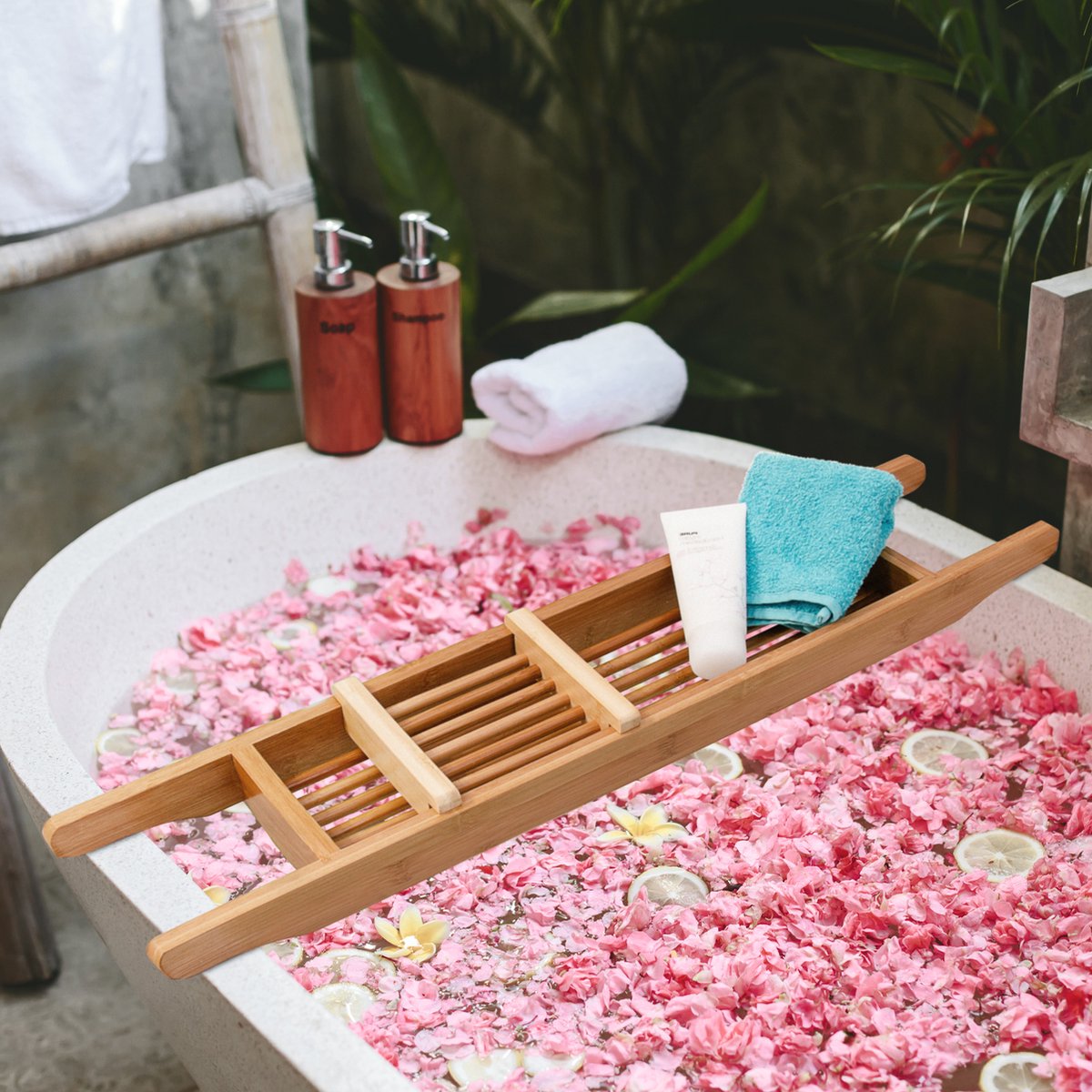 Relaxdays Pont de baignoire bambou, 70cm de large, tablette de salle de  bain à suspendre, tablette à accessoires, marron