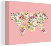 Wanddecoratie Wereldkaart - Rozen - Roze - Canvas - 80x60 cm