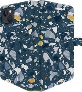 Apple iPhone 13 Telefoonhoesje - Portemonneehoesje  - Met pasjeshouder - Met Marmerprint - Terrazzo - Donkerblauw