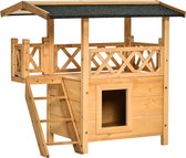 PawHut Kattenhuis 2 verdiepingen kattenhut kattenvilla asfaltdak balkon massief hout naturel D30-076-1