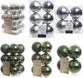 Kerstversiering kunststof kerstballen kleuren mix donkergroen/zilver 6-8-10 cm pakket van 44x stuks