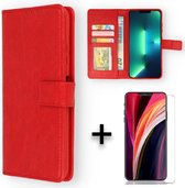 Coque iPhone 13 Mini Rouge & Protecteur d'écran en Verres 2X - Étui portefeuille - Porte-cartes et languette magnétique