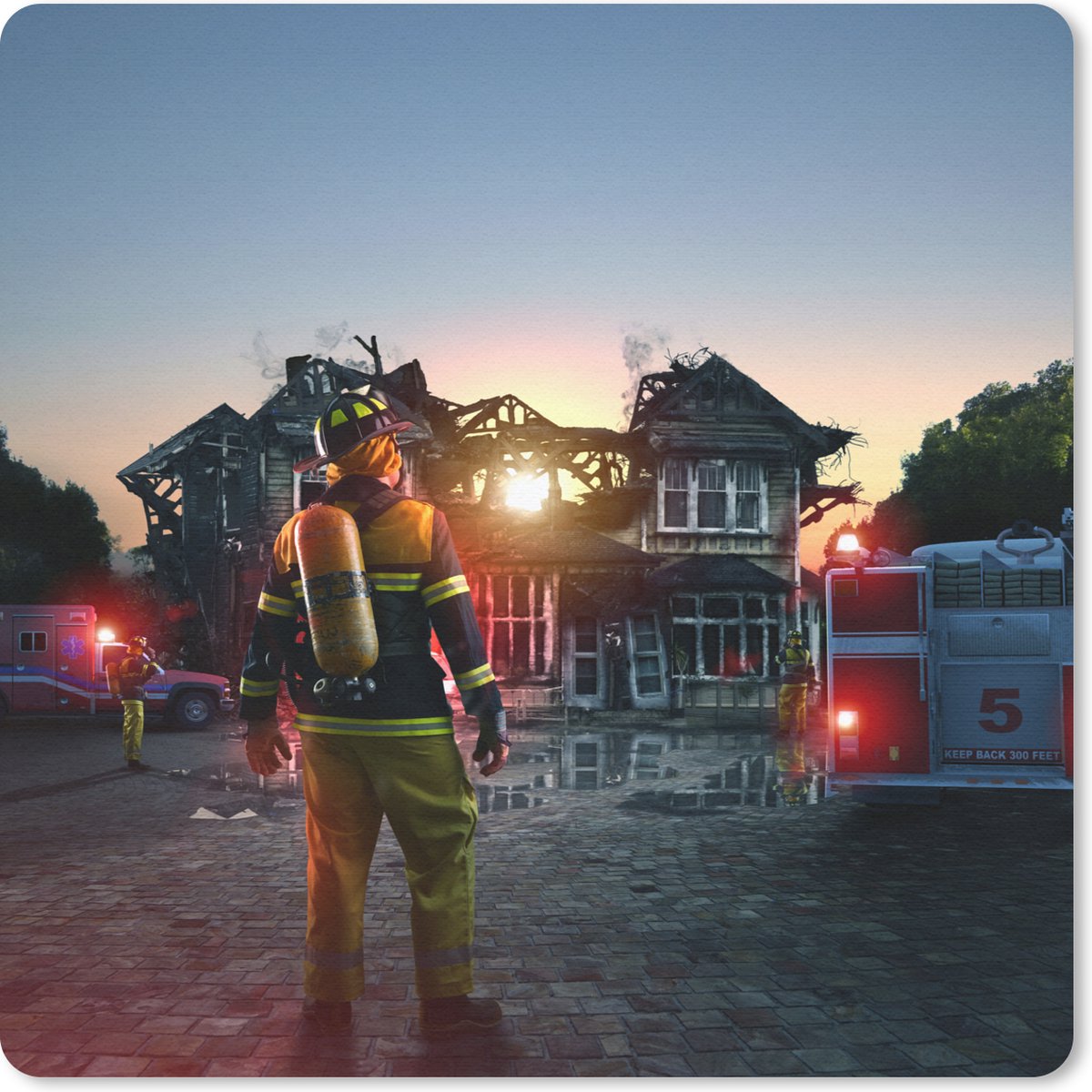 Muismat 30x30 cm - Mousepad Brandweerman voor verbrand huis - Muismatten