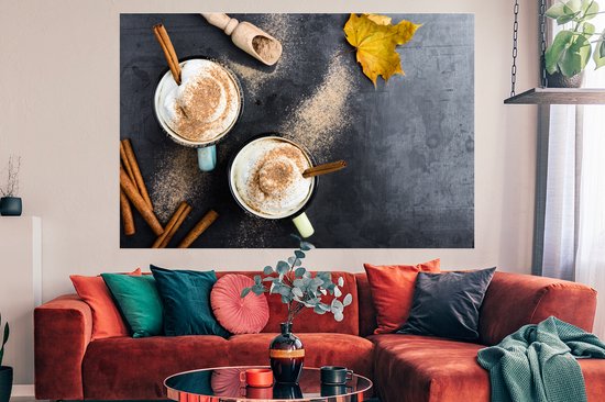 Une photo aérienne d'un café automnal servi avec un poster cannelle 180x120 cm - Tirage photo sur Poster (décoration murale salon / chambre) XXL / Groot format!
