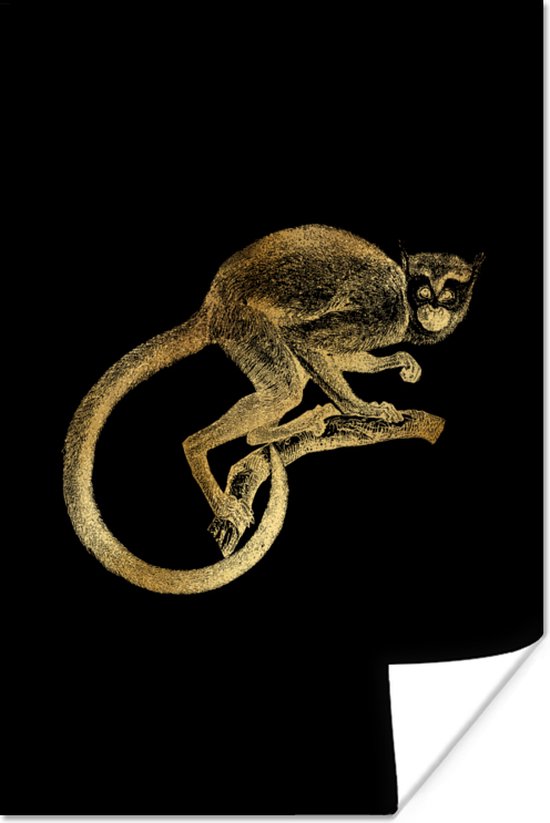 Vintage afbeelding van een Afrikaanse aap in het goud op een zwarte achtergrond 80x120 cm - Foto print op Poster (wanddecoratie woonkamer / slaapkamer)