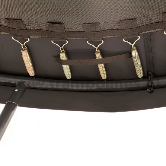 Onderkant van een trampoline met zichtbare veren en bevestigingsbanden.