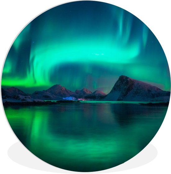 WallCircle - Wandcirkel ⌀ 60 - Noorderlicht - Berg - Noorwegen - Ronde schilderijen woonkamer - Wandbord rond - Muurdecoratie cirkel - Kamer decoratie binnen - Wanddecoratie muurcirkel - Woonaccessoires