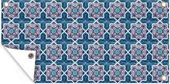 Tuinposter Een Marokkaanse Mozaïek tegelpatroon waar de kleur blauw vooral is gebruikt - 80x40 cm - Wanddecoratie Buiten - Tuinposter - Tuindoek - Schuttingposter - Tuinschilderij
