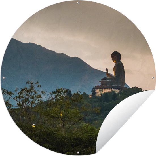 Tuincirkel Zijaanzicht van de Tian Tan Boeddha tijdens zonsondergang - 90x90 cm - Ronde Tuinposter - Buiten