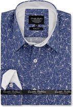 Heren Overhemd - Slim Fit - Blad Motief - Blauw - Maat L