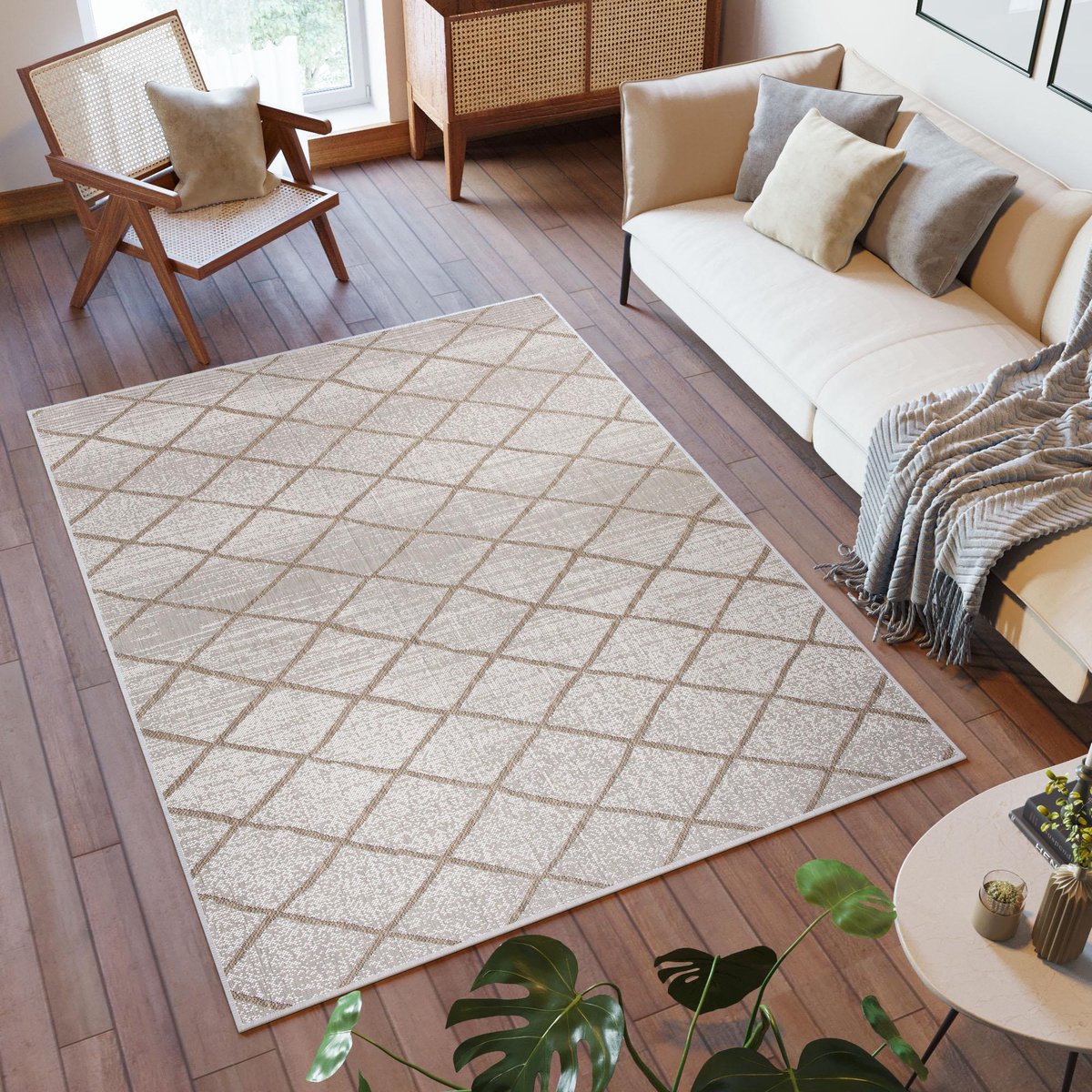 Tapiso Capri Vloerkleed Indoor Outdoor Binnen Tapijt Tuintapijt Maat- 80x150 Beige3