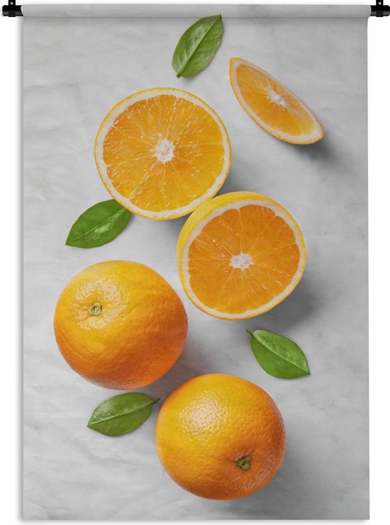 Wandkleed - Wanddoek - Sinaasappel - Fruit - Marmer - 90x135 cm - Wandtapijt