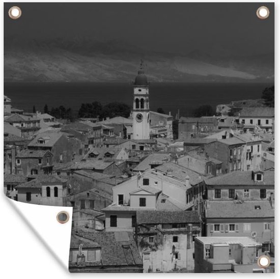 Posters de jardin Corfou - Grèce - Architecture - Zwart - Wit - 50x50 cm - Toile jardin - Affiche extérieure