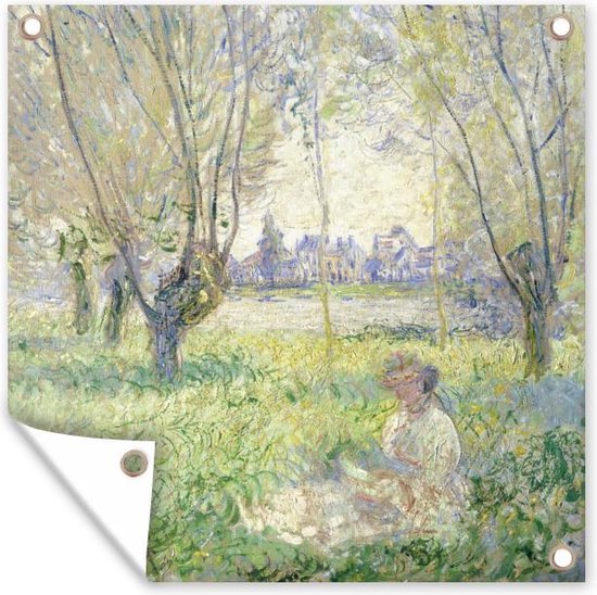 Tuinposters Zittende vrouw onder de wilgen - Claude Monet - 50x50 cm - Tuindoek - Buitenposter