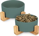 Navaris 2 voerbakjes met standaard - Keramische voerbakset met bamboe houders voor katten en honden - Deens ontwerp - Vaatwasserbestendig - Groen