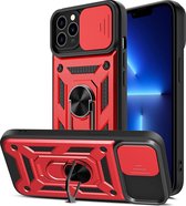 Hoesje Geschikt voor iPhone 13 pro Hoesje met Camera Bescherming Rood – met ring houder Rugged Armor Back Cover - Case - Camera Schuif