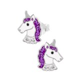 Kinderoorbellen | Eenhoorn oorbellen | Zilveren oorstekers, eenhoornhoofd met paarse glittermanen