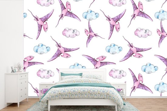 Behang meisjeskamer - Fotobehang Kinderkamer - Wolken - Dinosaurus - Meisjes - Kinderen - Roze - Kind - Breedte 450 cm x hoogte 300 cm - Kinderbehang