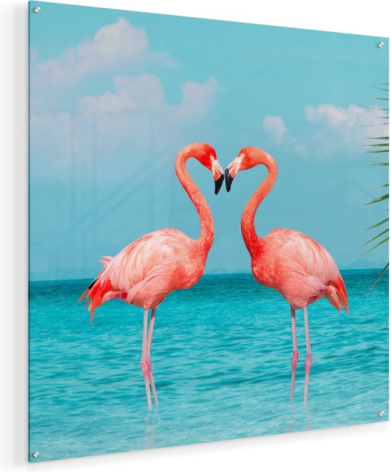 Artaza Glasschilderij - Twee Flamingo's in een Hart Vorm in het Water - 70x70 - Plexiglas Schilderij - Foto op Glas