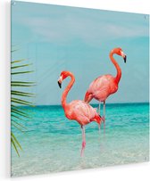 Artaza Glasschilderij - Twee Flamingo's in het Water - 70x70 - Plexiglas Schilderij - Foto op Glas