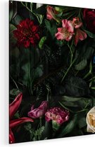 Artaza Glasschilderij - Kleurrijke Bloemen Met Groene Bladeren - 90x120 - Groot - Plexiglas Schilderij - Foto op Glas