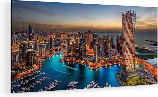 Artaza Glasschilderij - Dubai Haven met de Stad - 140x70 - Groot - Plexiglas Schilderij - Foto op Glas
