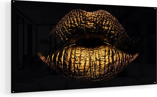 Artaza Glasschilderij - Gouden Lippen - 140x70 - Groot - Plexiglas Schilderij - Foto op Glas