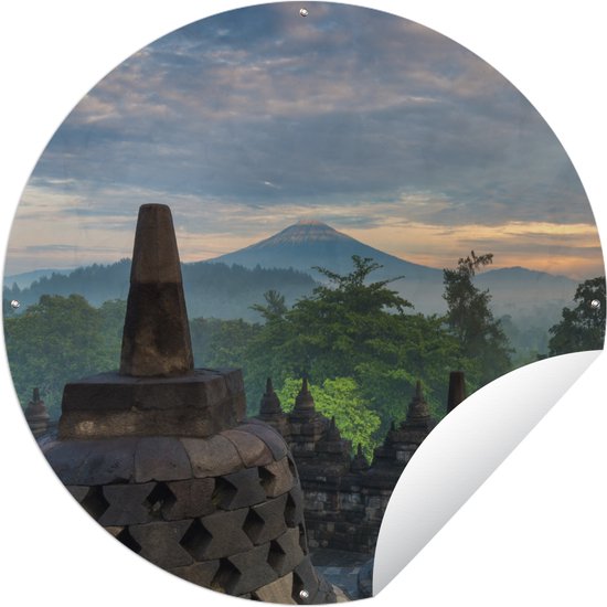 Tuincirkel Zonsopgang bij de tempel Borobudur in Indonesië - 60x60 cm - Ronde Tuinposter - Buiten