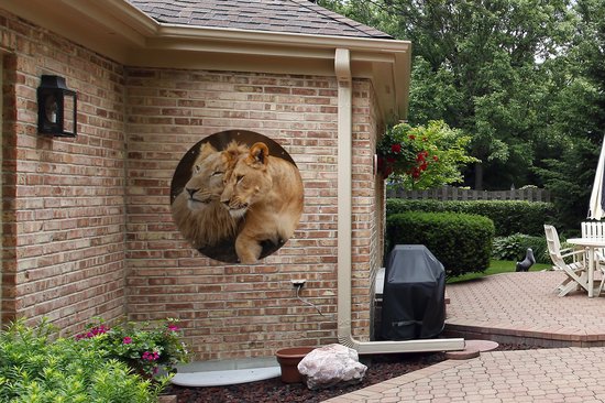 Tuincirkel Leeuwen - Bruin - Dieren - 90x90 cm - Ronde Tuinposter - Buiten