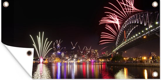 Tuinposter Sydney Harbour Bridge met vuurwerk in Australië - 80x40 cm - Wanddecoratie Buiten - Tuinposter - Tuindoek - Schuttingposter - Tuinschilderij