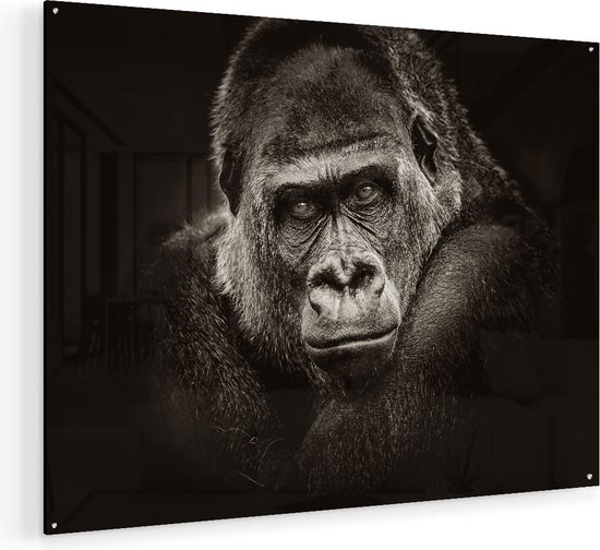 Artaza Glasschilderij - Gorilla - Zwart Wit - 120x90 - Groot - Plexiglas Schilderij - Foto op Glas