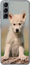 Geschikt voor Samsung Galaxy S21 hoesje - Wolf - Kind - Hout - Siliconen Telefoonhoesje