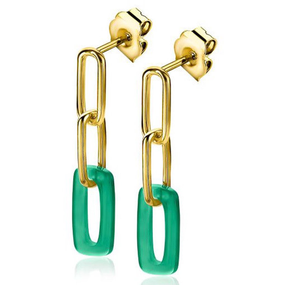 Zinzi Zilveren Oorsieraden oorstekers ZIO2208G | goudkleurig zilveren oorhangers met ovale schakels en groen agaat | ovale oorbellen stijl