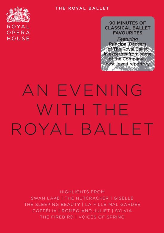 Rode achtergrond met gouden tekst. Titel 'An Evening with The Royal Ballet'. Royal Opera House logo linksboven.