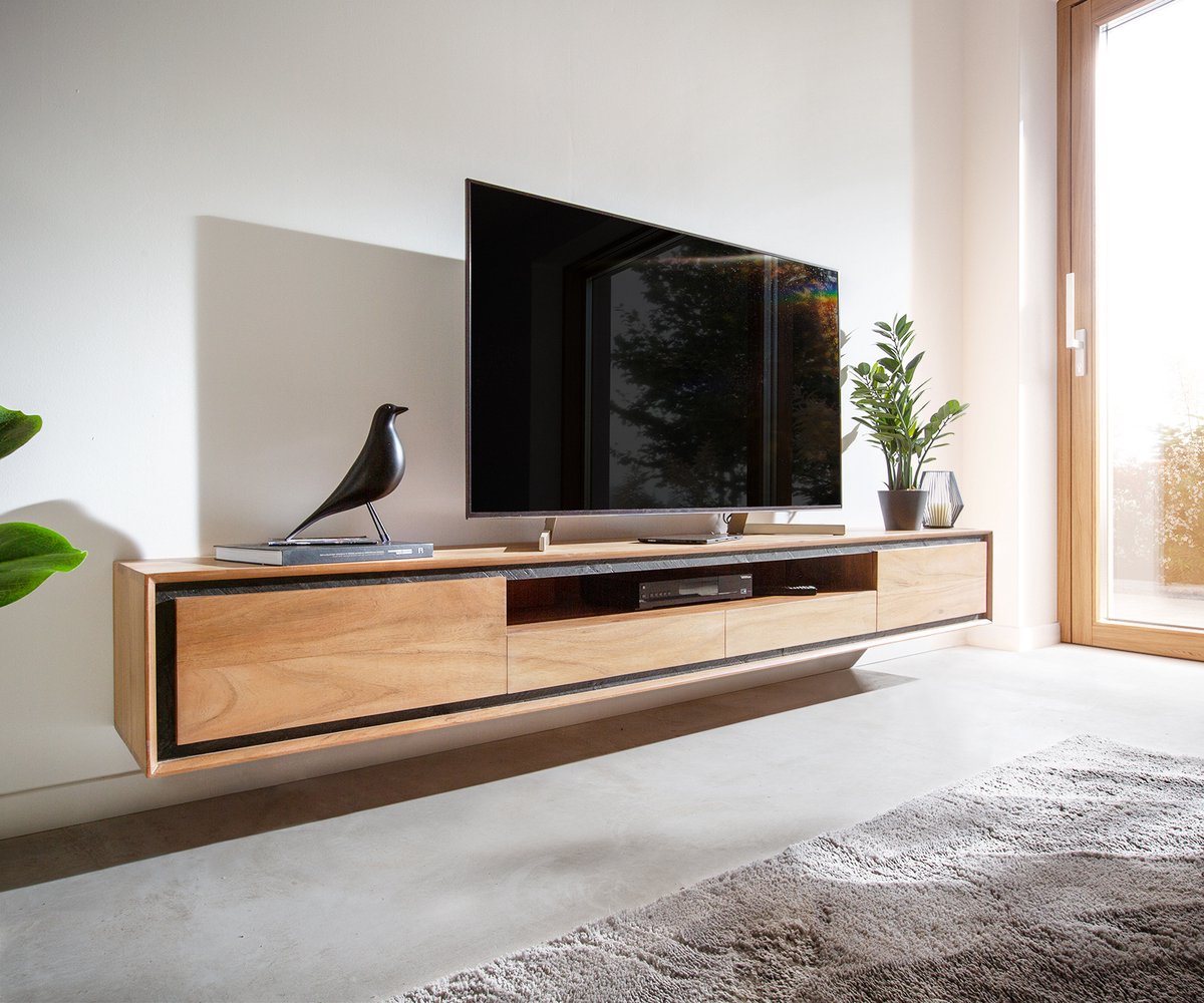 Tv-meubel Stonegrace Acacia natuur 240 cm 2 deuren 1 legplank 2 laden steenfineer zwevend 